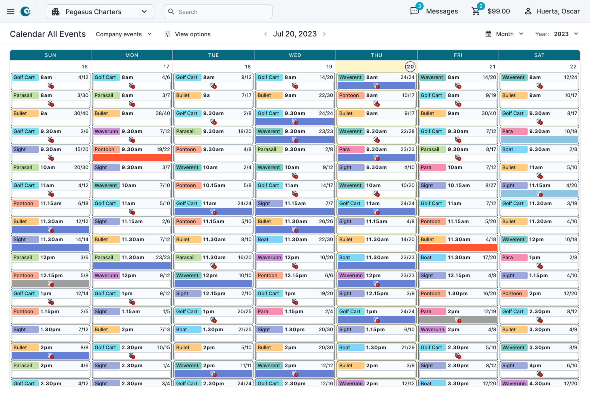 Calendar of all events. A color code represents each event.