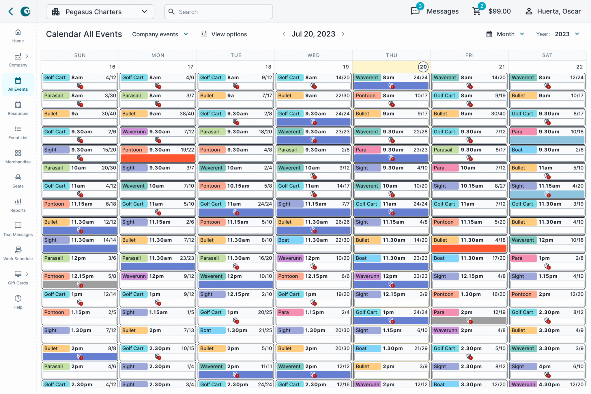 Calendar of all events. A color code represents each event. Ramon Duran. Indexic