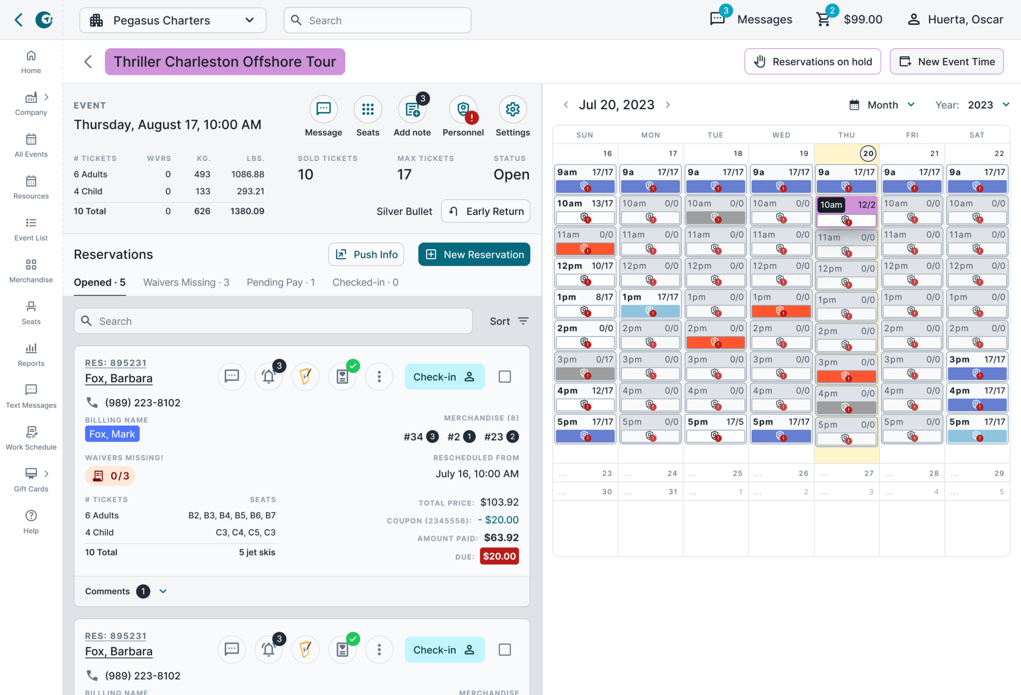 Event details. View the details of the event, select reservations and calendar available