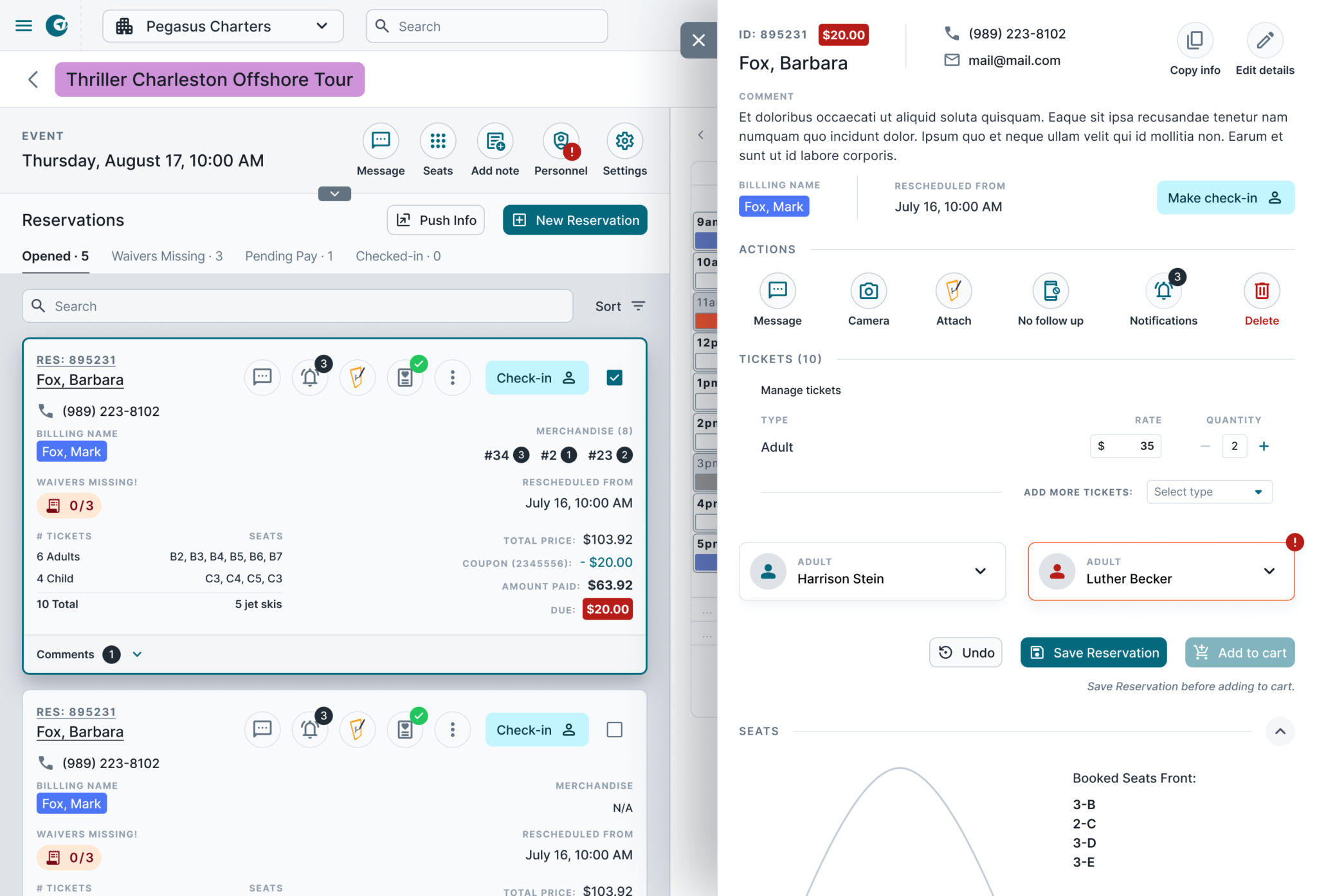 Reservation details. Name, ID, phone number, tickets, make the check-in, diverse actions, seats and more information in one place