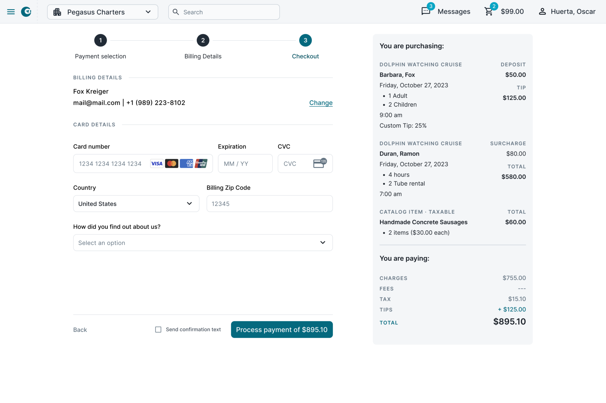 Checkout Page in a full screen page. The last step is to enter the credit card information and process the payment.