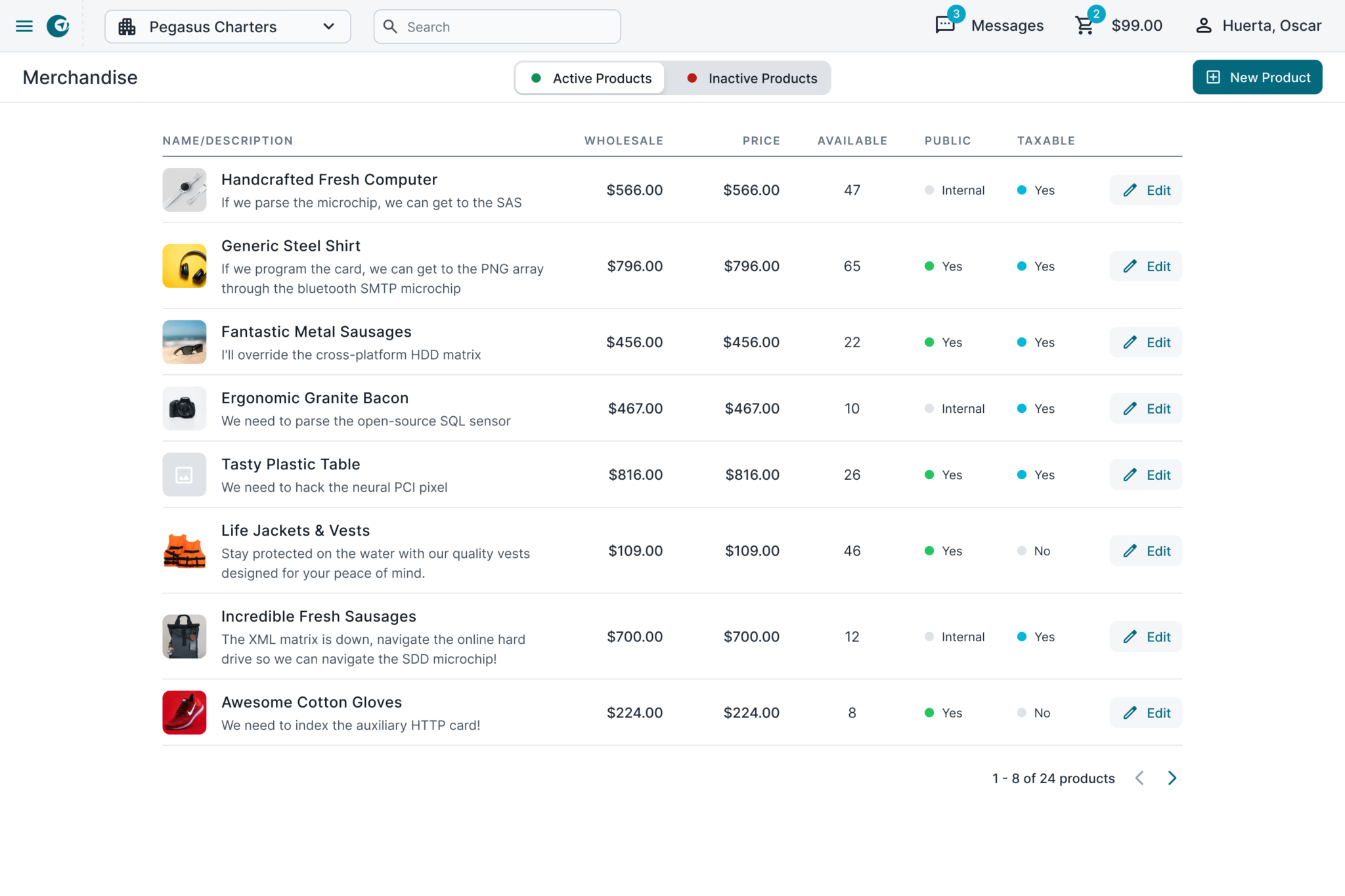 Merchandise. This screen showcases a list of merchandise items, empowering the user to manage pricing, stock levels, and tax amounts easily. Furthermore, users can effortlessly edit and create products in a simple way.