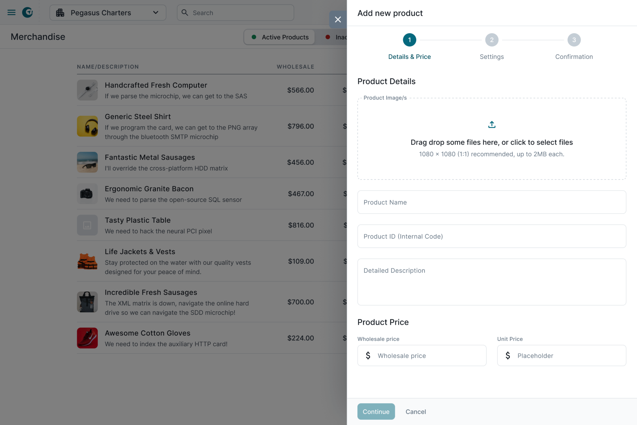 Merchandise. Adding a new product with a lateral panel.