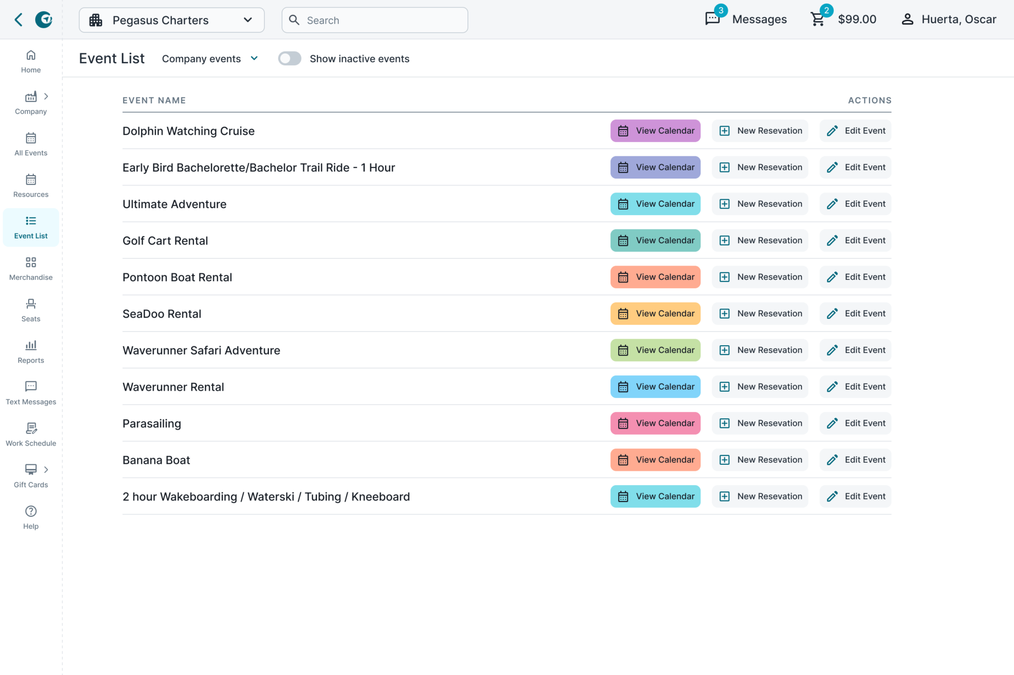 List of all available events in the platform indexic