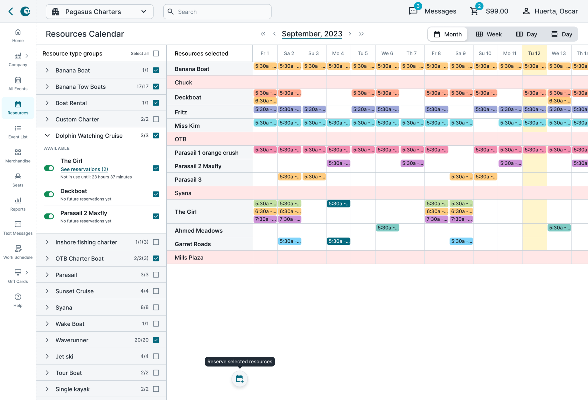 Resources calendar with side navigation menu