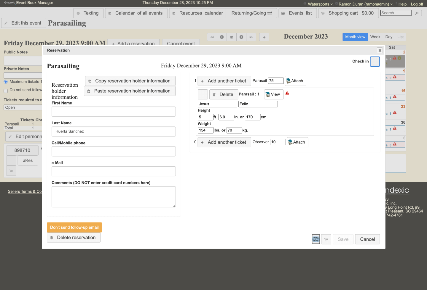 Former reservation details view in the previous indexic software