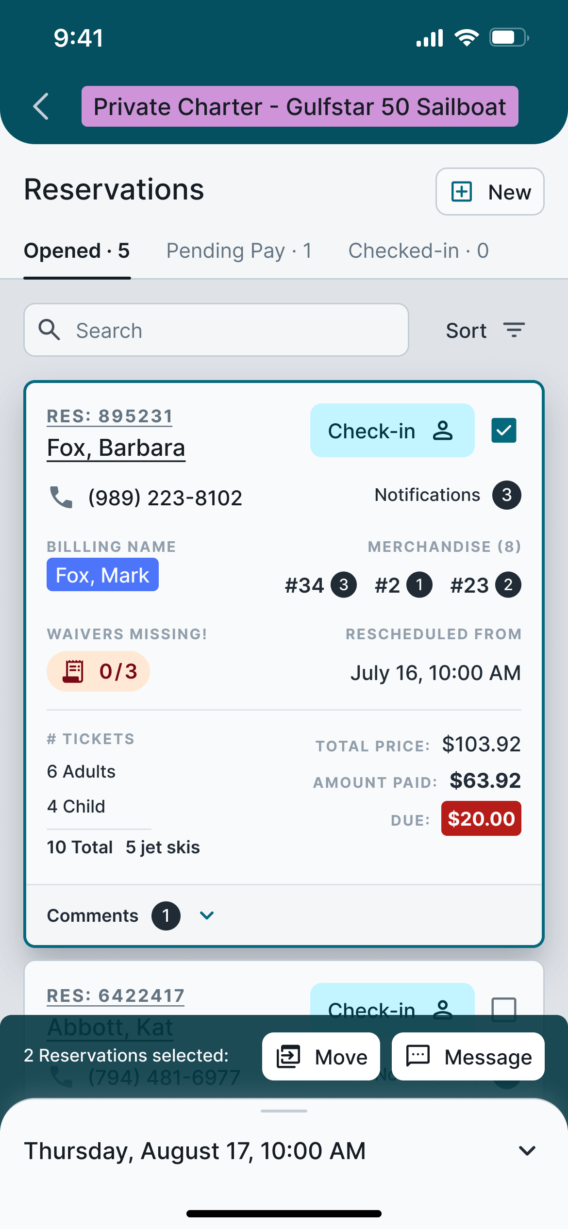 Mobile app version. Reservation Selected